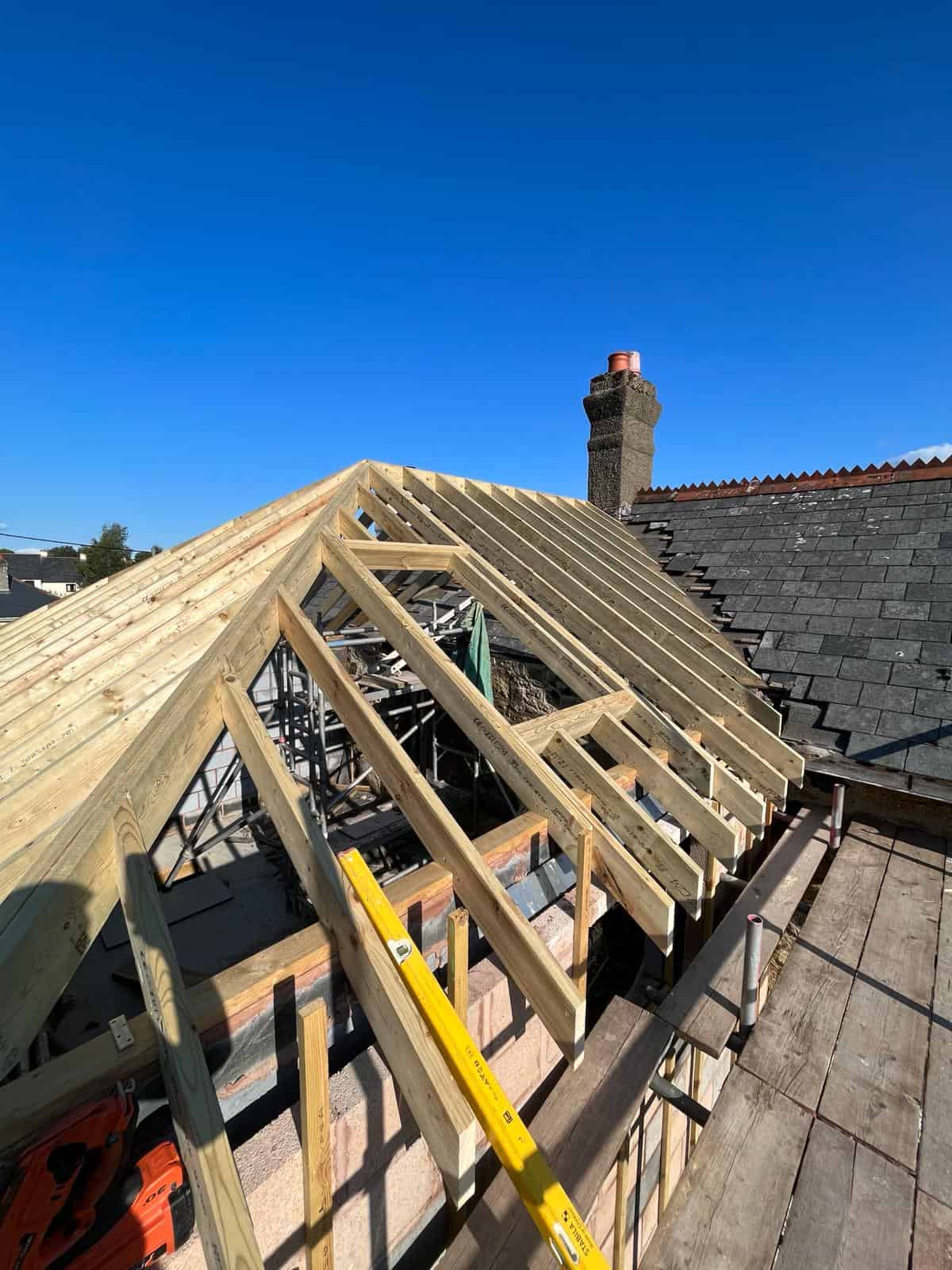 Newly constructed roof framework by JB Carpentry & Construction, expert in roofing and building projects in the UK.