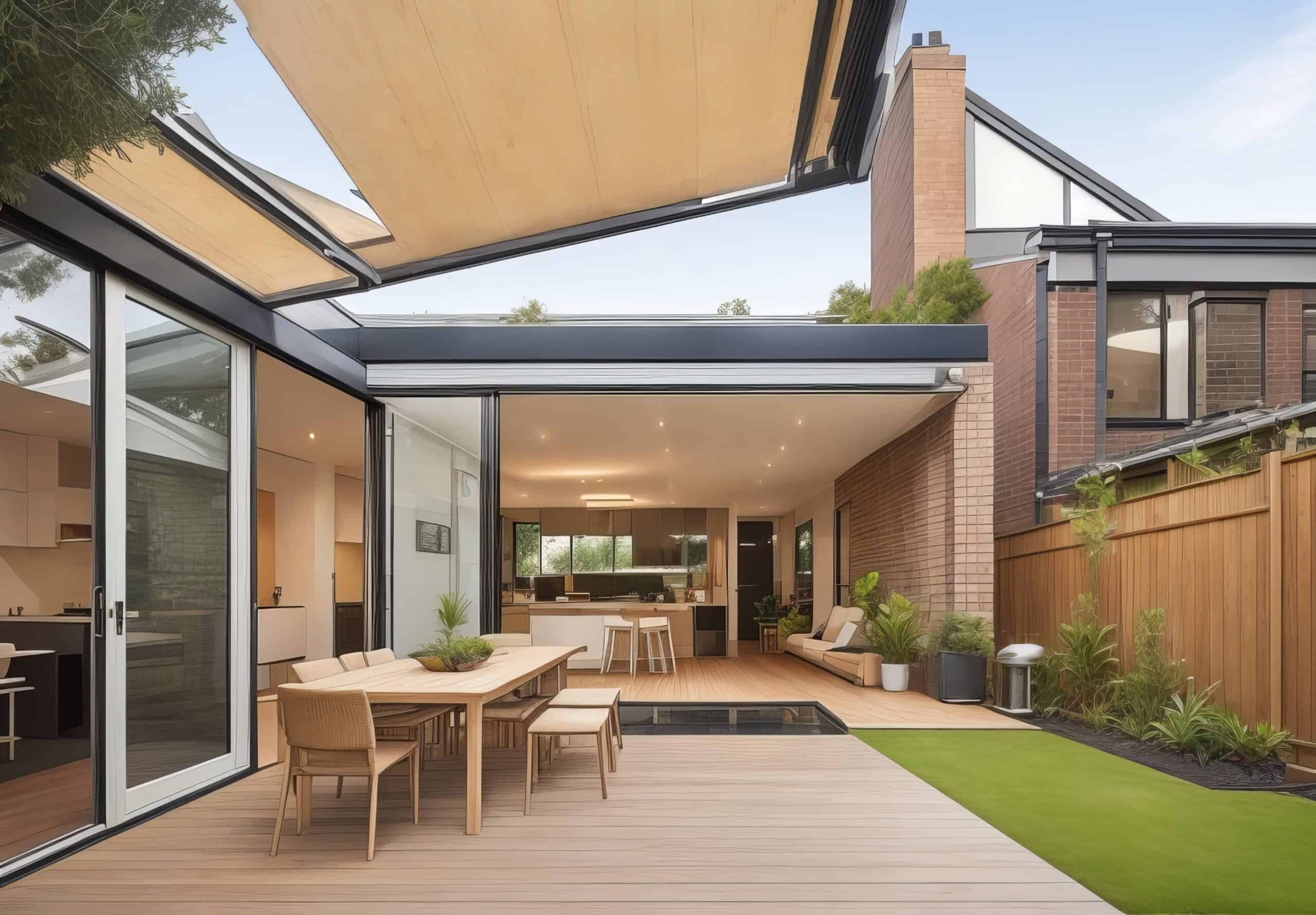 Modern outdoor living space with timber deck, glass doors, and garden landscaping.