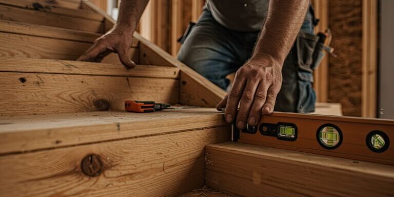 Precision carpentry work with spirit level on wooden staircase | JB Carpentry & Construction.