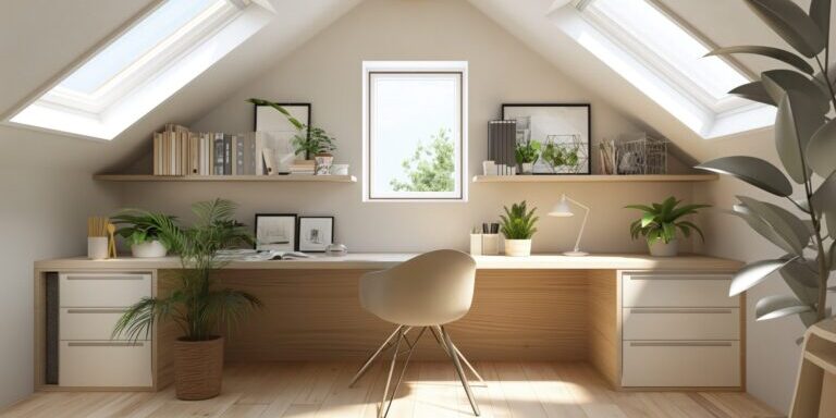 Bright attic office with skylight windows, custom wooden desk, and green indoor plants for a stylish workspace.
