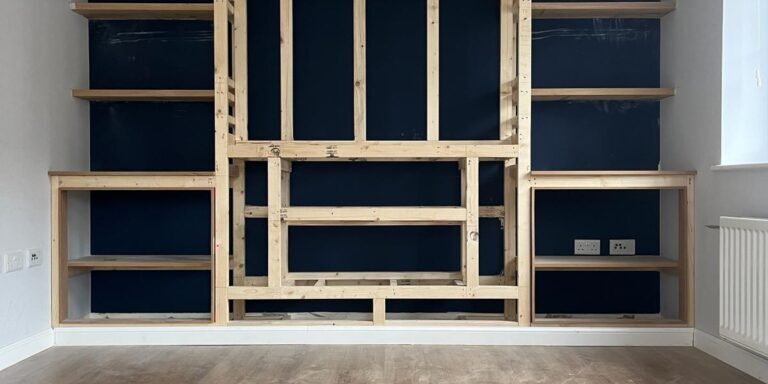 Custom built wooden wall unit for interior carpentry and construction projects.